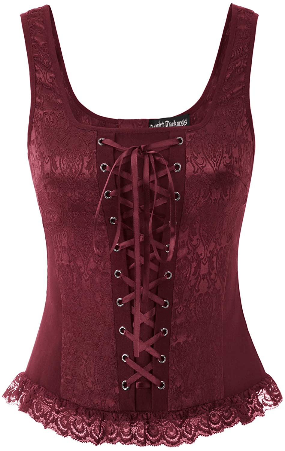 Womens Lace up Jacquard Tank Vest Tops Gothic Corset Top Apparel & Accessories > Clothing > Underwear & Socks > Lingerie Scarlet Darkness Wine XX-Large