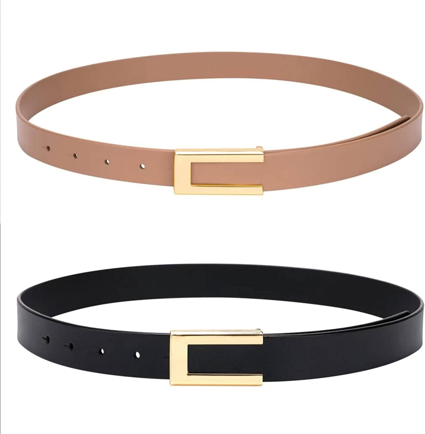Womens Leather Belt Skinny Waist Belt for Dresses Jeans Pants with Gold Buckle Apparel & Accessories > Clothing Accessories > Belts YooAi Black+khaki (2 Pack) Fit Waist 30"-34"