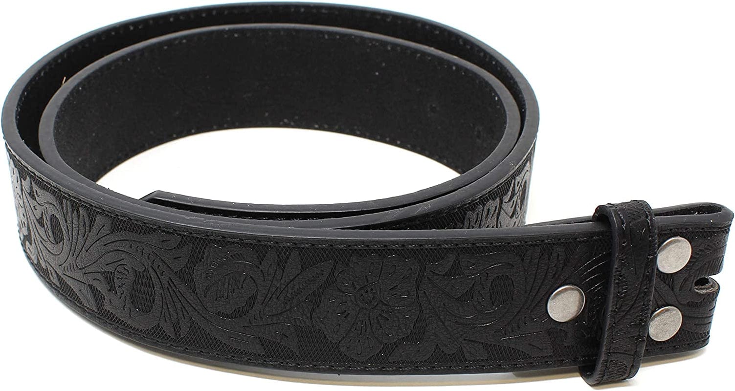 Womens Leather Belt Strap with Embossed Western Flowers Pattern 1.5" Wide with Snaps Apparel & Accessories > Clothing Accessories > Belts BC Belts Black XX-Large (44-46)