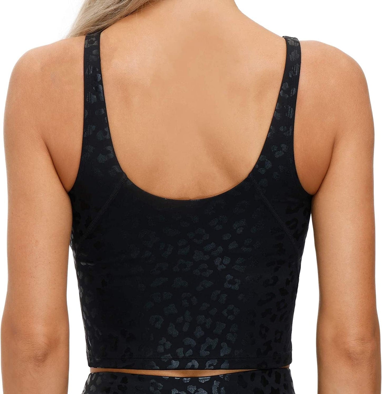 Womens Leopard Longline Sports Bra Wirefree Padded Medium Support Yoga Bras Gym Running Workout Tank Tops
