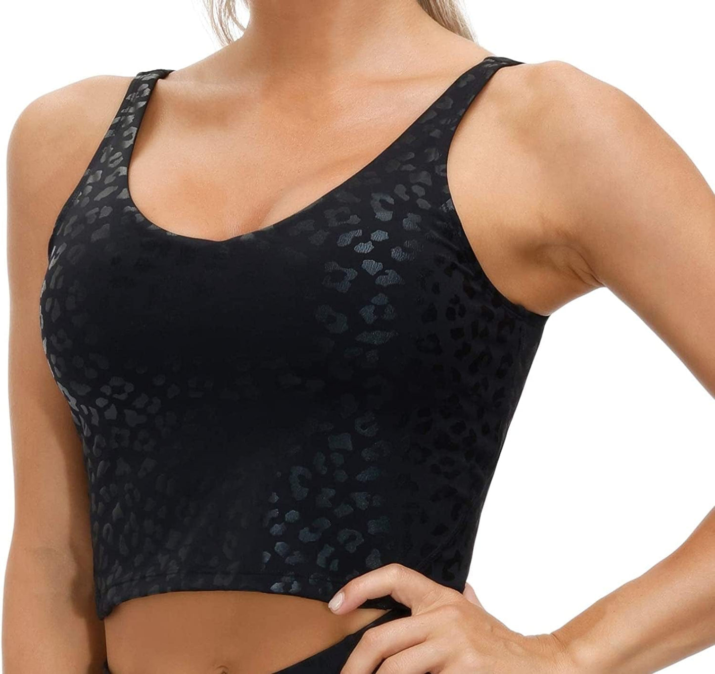 Womens Leopard Longline Sports Bra Wirefree Padded Medium Support Yoga Bras Gym Running Workout Tank Tops