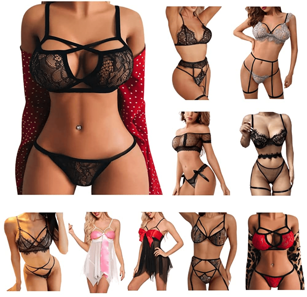 Womens Lingerie Sexy Outfits with Garter Naughty Teddy Babydoll Bra and Panty Set Lace Mesh Chemise Cosplay Sleepwear Apparel & Accessories > Clothing > Underwear & Socks > Lingerie Uppada 3-black Large