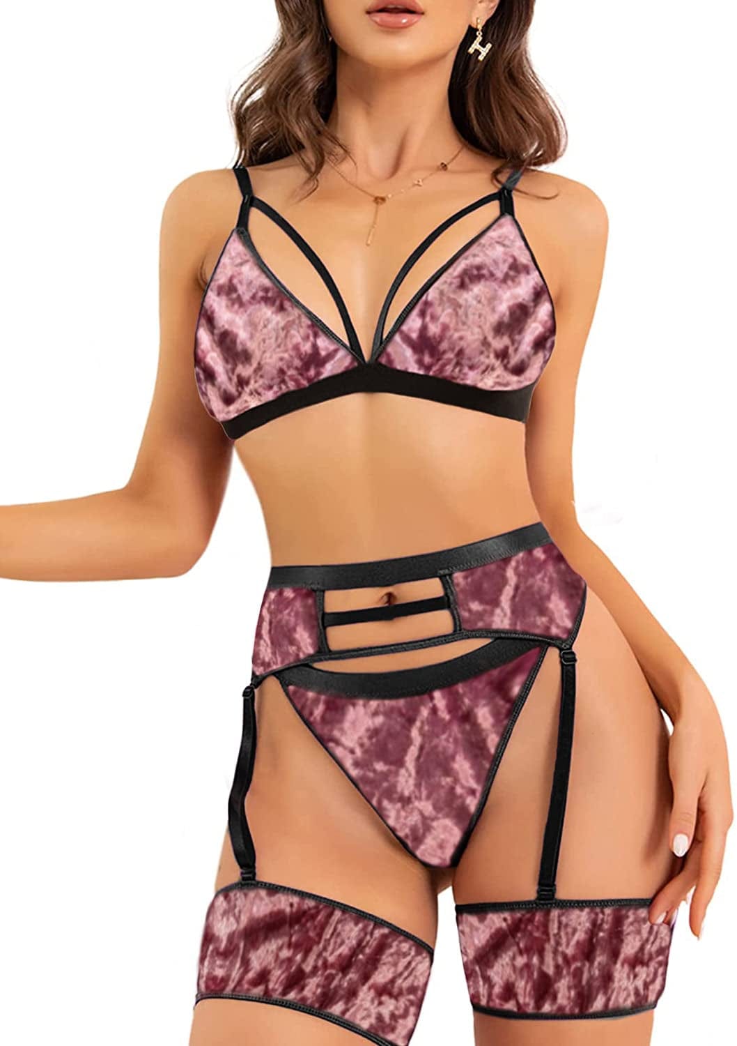 Womens Lingerie Strappy Fishnet Mesh Exotic High Waisted Lingerie Bra and Panty Sets 4 Piece Garter Lingerie Set Velvet Pink / Medium