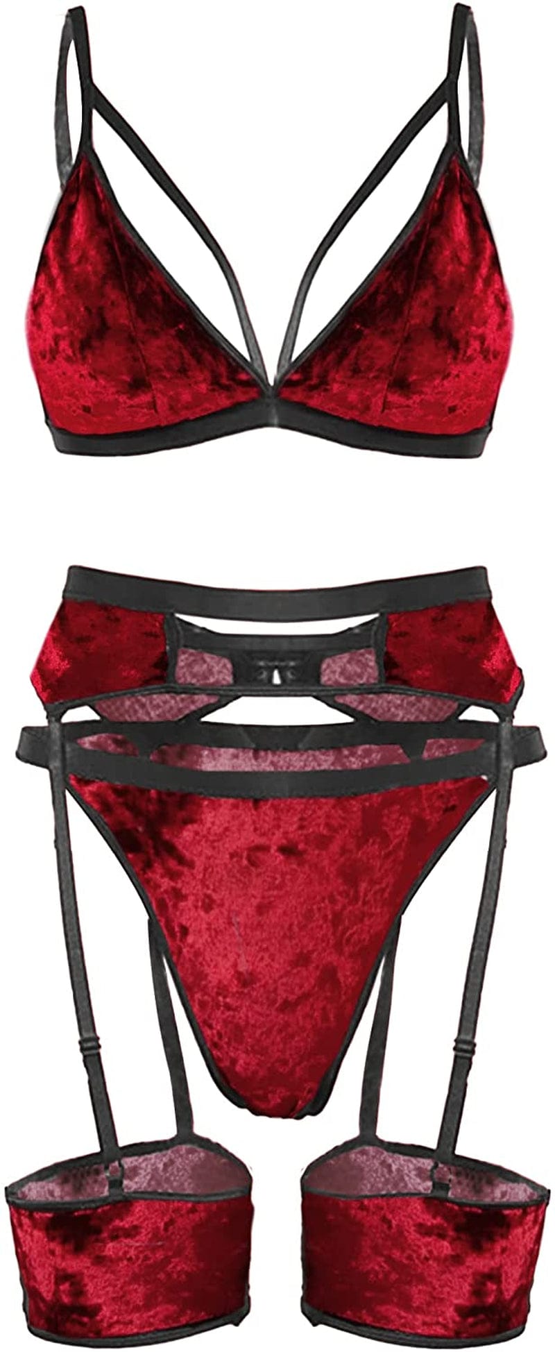 Womens Lingerie Strappy Fishnet Mesh Exotic High Waisted Lingerie Bra and Panty Sets 4 Piece Garter Lingerie Set Velvetred / Small