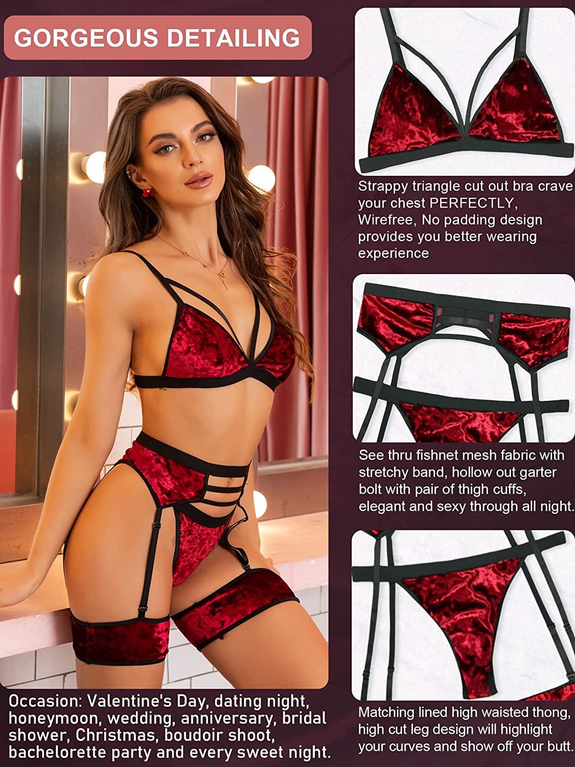 Womens Lingerie Strappy Fishnet Mesh Exotic High Waisted Lingerie Bra and Panty Sets 4 Piece Garter Lingerie Set