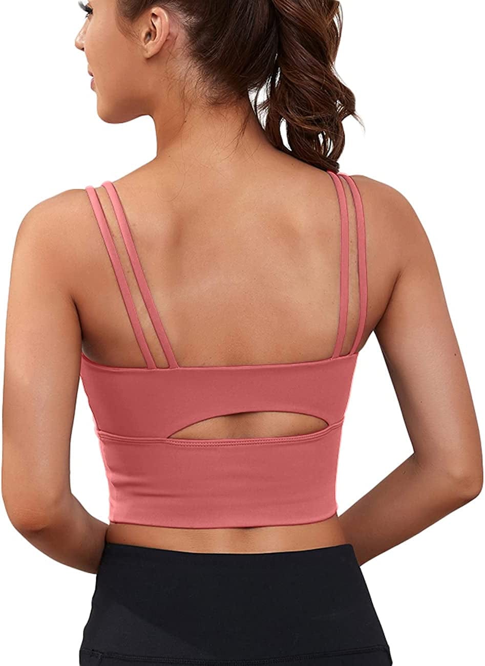 Womens Longline Sports Bra Padded Yoga Workout Crop Tank Tops Strappy Camisole Fitness Shirts Pink / Large