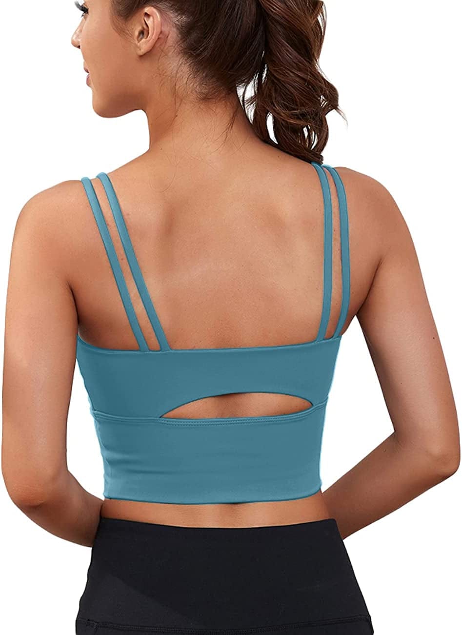 Womens Longline Sports Bra Padded Yoga Workout Crop Tank Tops Strappy Camisole Fitness Shirts Blue / Large