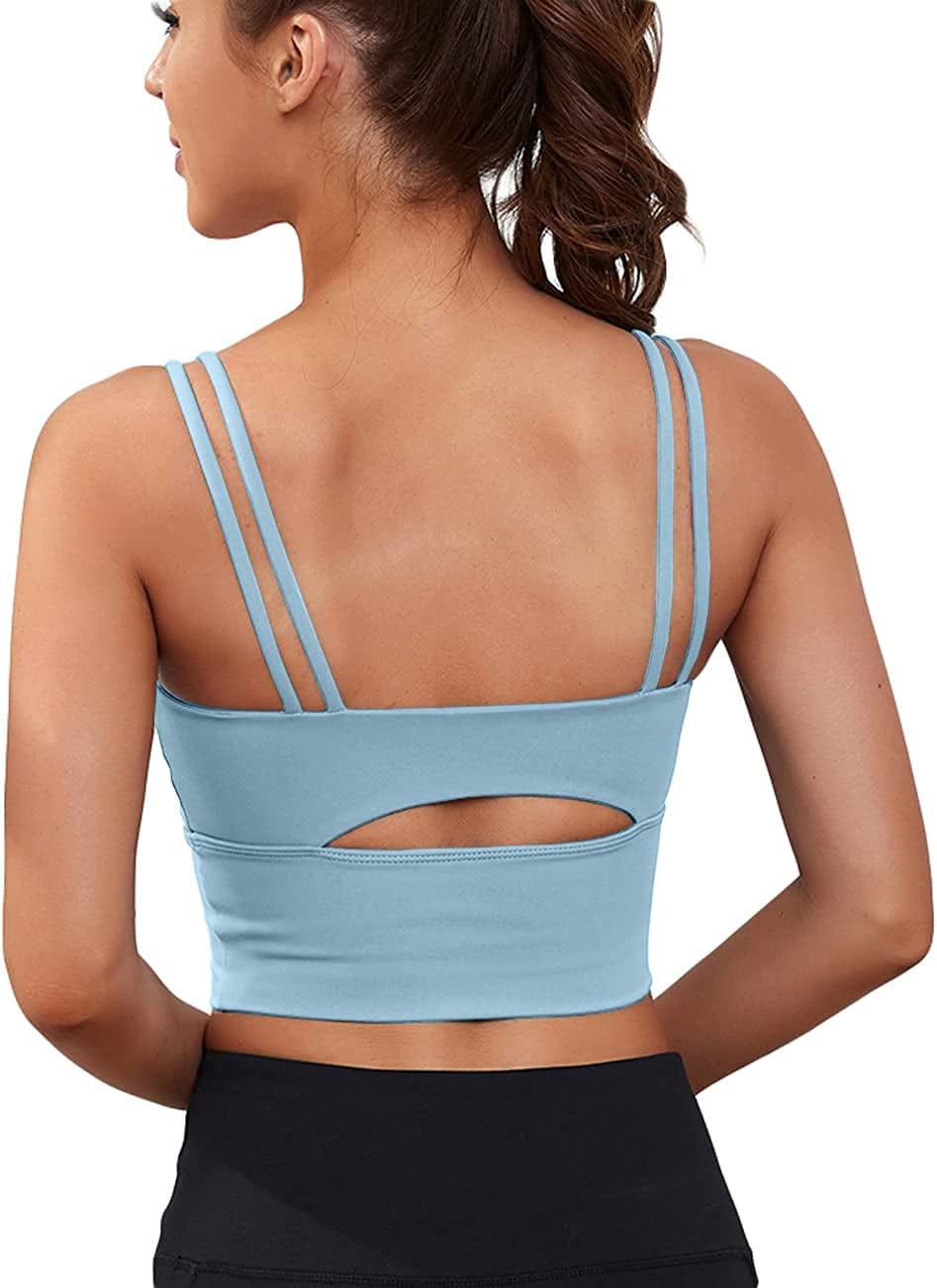 Womens Longline Sports Bra Padded Yoga Workout Crop Tank Tops Strappy Camisole Fitness Shirts Moon Blue / Large