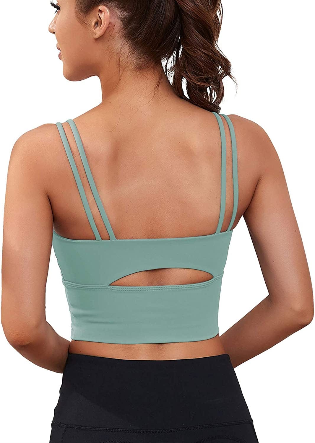 Womens Longline Sports Bra Padded Yoga Workout Crop Tank Tops Strappy Camisole Fitness Shirts Blue Green / Large
