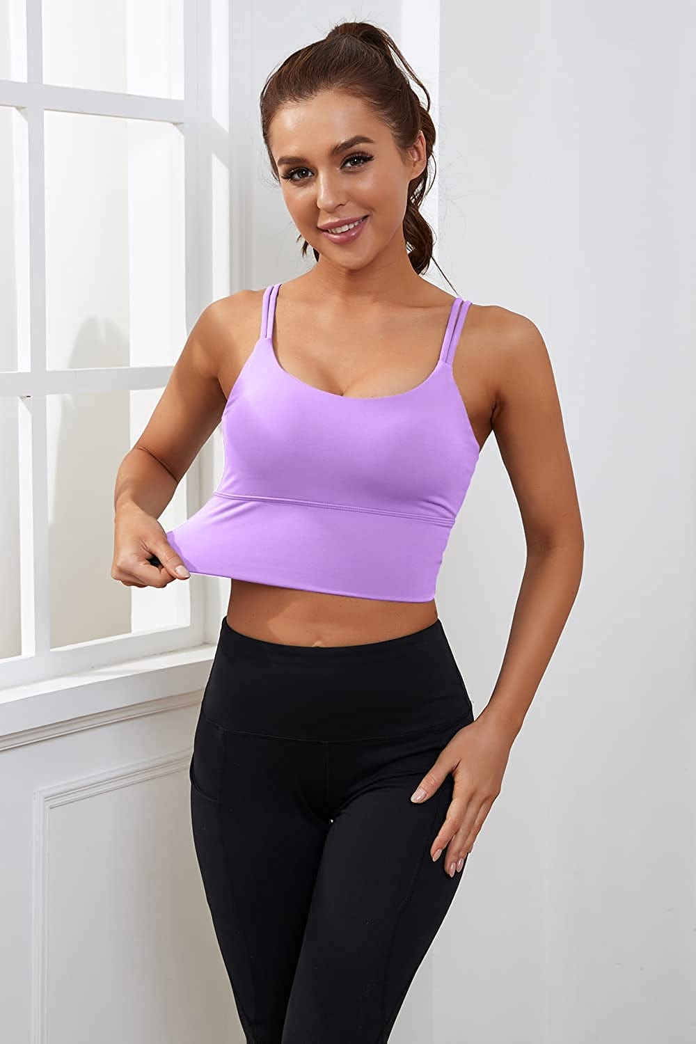 Womens Longline Sports Bra Padded Yoga Workout Crop Tank Tops Strappy Camisole Fitness Shirts