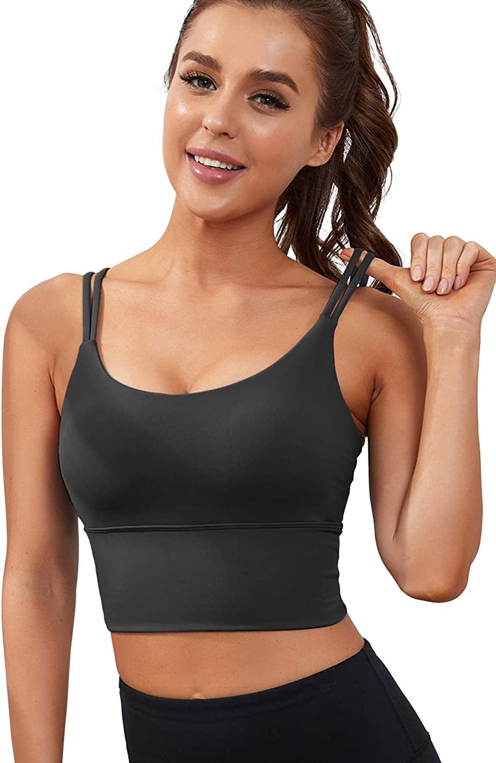 Womens Longline Sports Bra Padded Yoga Workout Crop Tank Tops Strappy Camisole Fitness Shirts Black / Medium