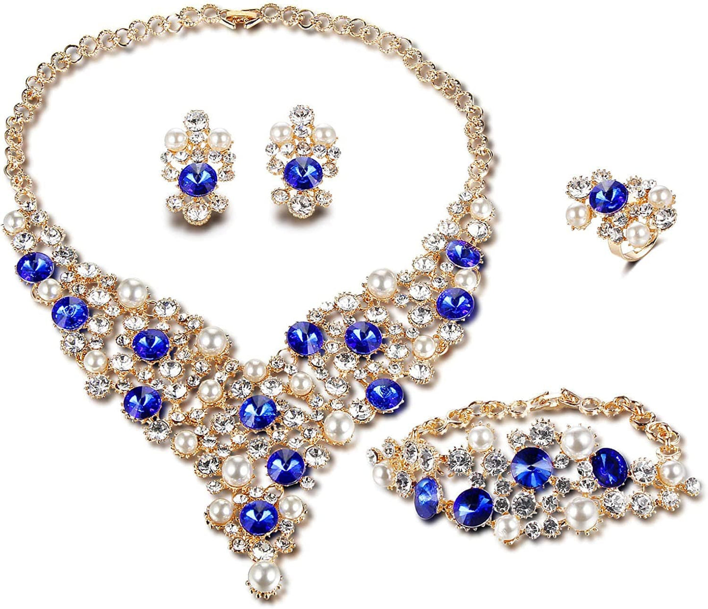 Womens Luxury Africa Dubai 18K Gold Plated Jewelry Sets Wedding Rhinestone Crystal Bib Statement Necklace Earrings Set for Brides Party Prom Luxurious Pearl Crystal Jewelry Set