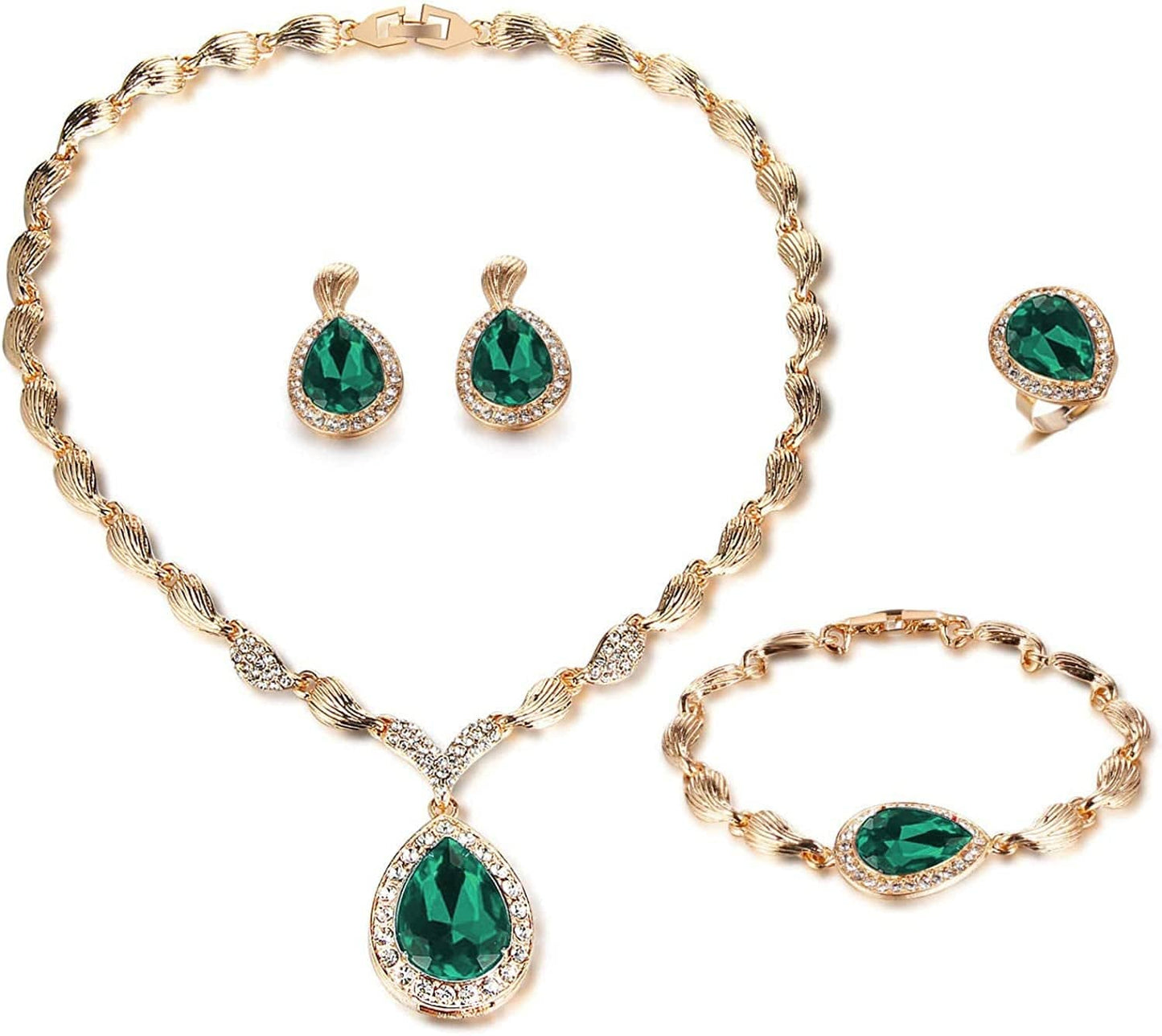Womens Luxury Africa Dubai 18K Gold Plated Jewelry Sets Wedding Rhinestone Crystal Bib Statement Necklace Earrings Set for Brides Party Prom Dark Green
