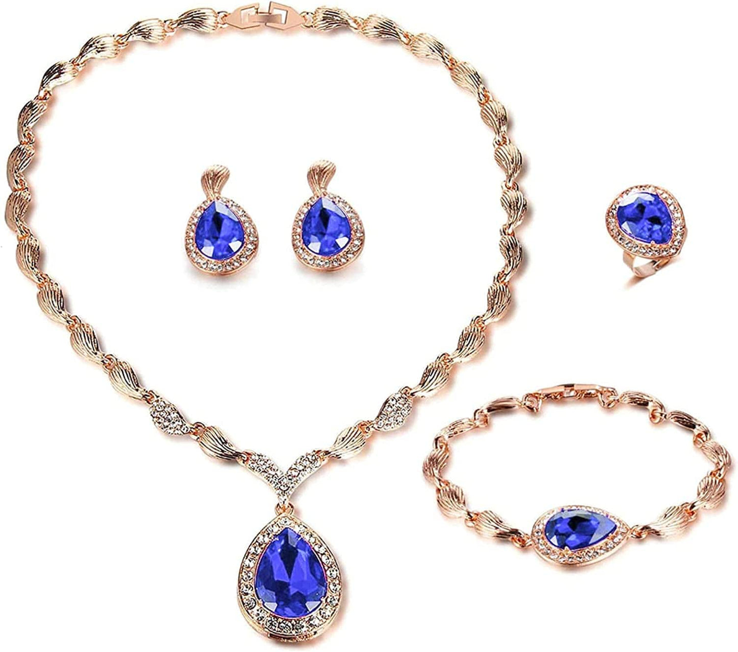 Womens Luxury Africa Dubai 18K Gold Plated Jewelry Sets Wedding Rhinestone Crystal Bib Statement Necklace Earrings Set for Brides Party Prom Royal Blue