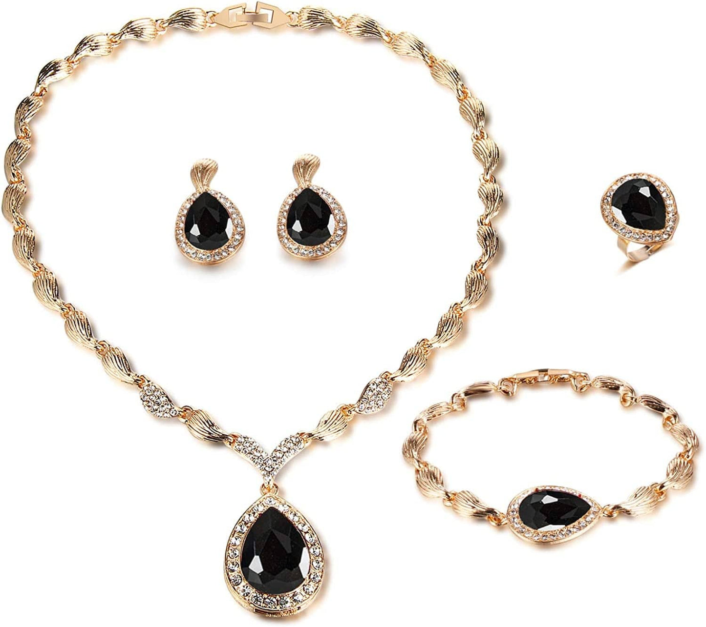 Womens Luxury Africa Dubai 18K Gold Plated Jewelry Sets Wedding Rhinestone Crystal Bib Statement Necklace Earrings Set for Brides Party Prom A-Teardrop Black Jewelry Set