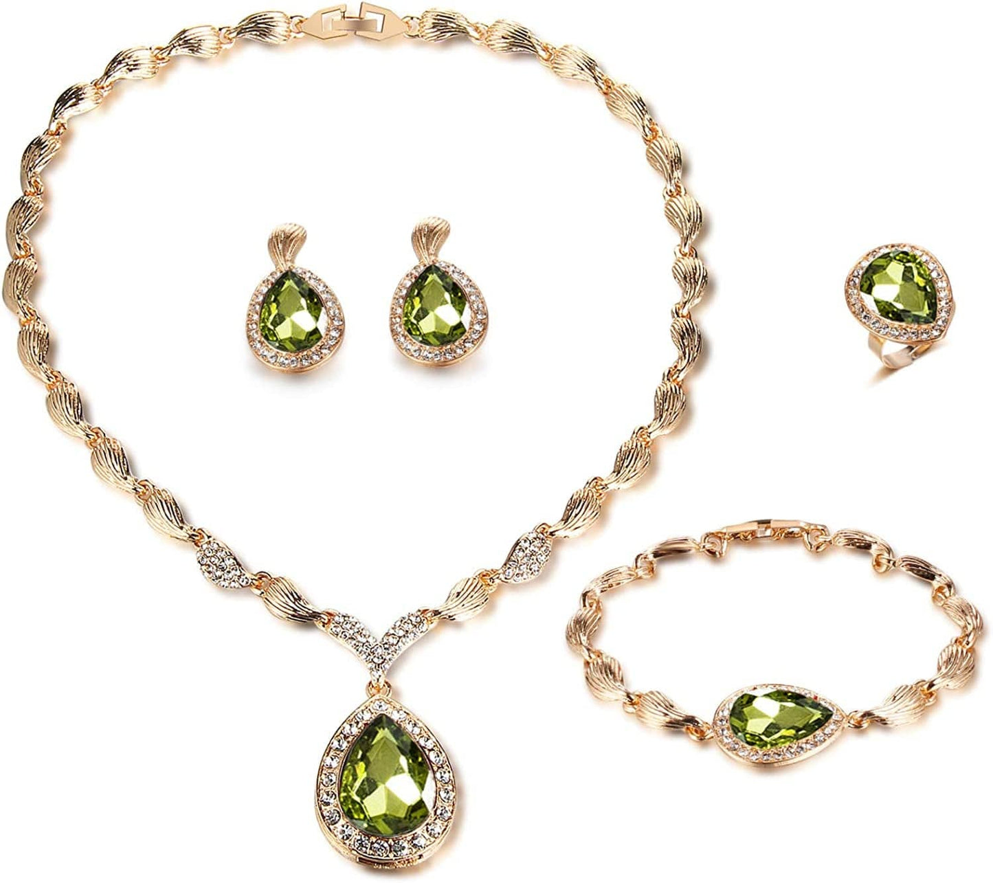 Womens Luxury Africa Dubai 18K Gold Plated Jewelry Sets Wedding Rhinestone Crystal Bib Statement Necklace Earrings Set for Brides Party Prom Green