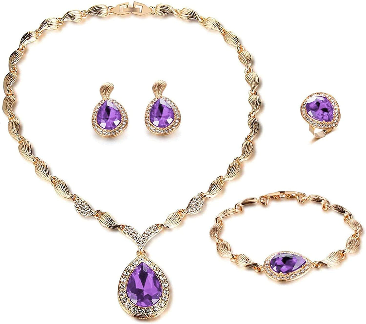 Womens Luxury Africa Dubai 18K Gold Plated Jewelry Sets Wedding Rhinestone Crystal Bib Statement Necklace Earrings Set for Brides Party Prom Purple