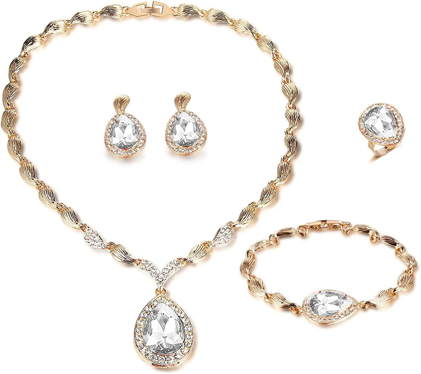 Womens Luxury Africa Dubai 18K Gold Plated Jewelry Sets Wedding Rhinestone Crystal Bib Statement Necklace Earrings Set for Brides Party Prom White