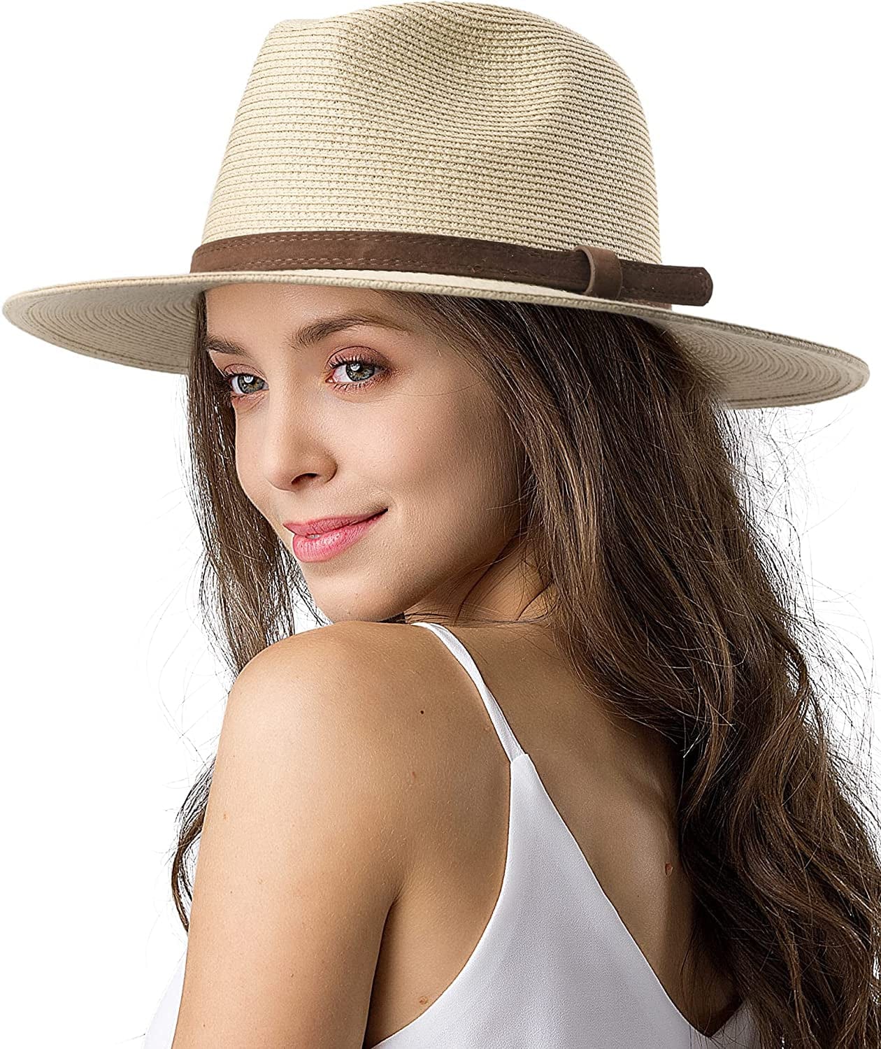 Womens Mens Wide Brim Straw Panama Hat Fedora Summer Beach Sun Hat UPF Straw Hat for Women Apparel & Accessories > Clothing Accessories > Hats KYLIE MAX Ae-beige 02 Medium