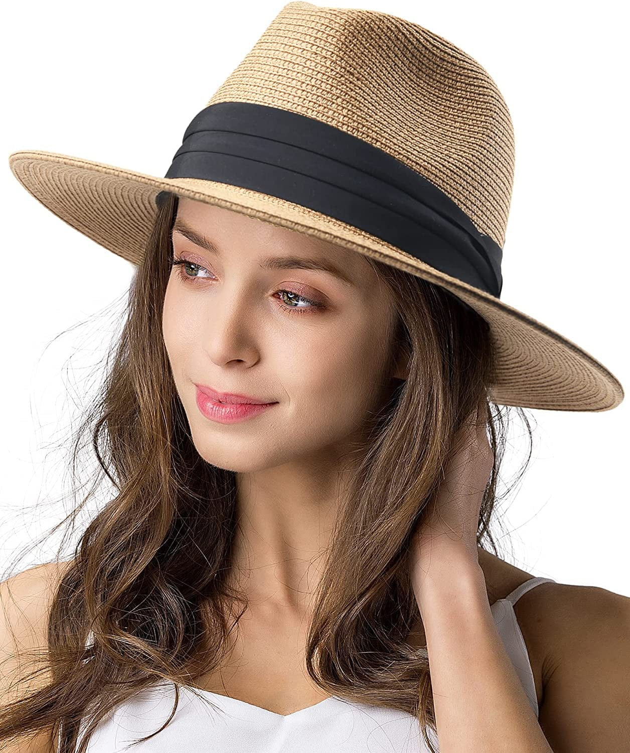 Womens Mens Wide Brim Straw Panama Hat Fedora Summer Beach Sun Hat UPF Straw Hat for Women Apparel & Accessories > Clothing Accessories > Hats KYLIE MAX Aa-khaki Medium