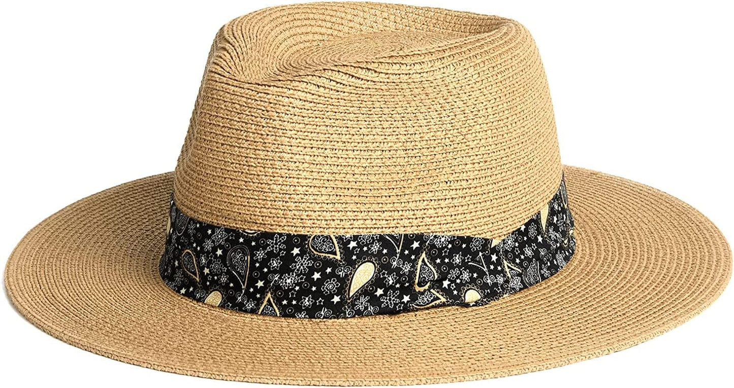 Womens Mens Wide Brim Straw Panama Hat Fedora Summer Beach Sun Hat UPF Straw Hat for Women Apparel & Accessories > Clothing Accessories > Hats KYLIE MAX Khaki-paisley Medium