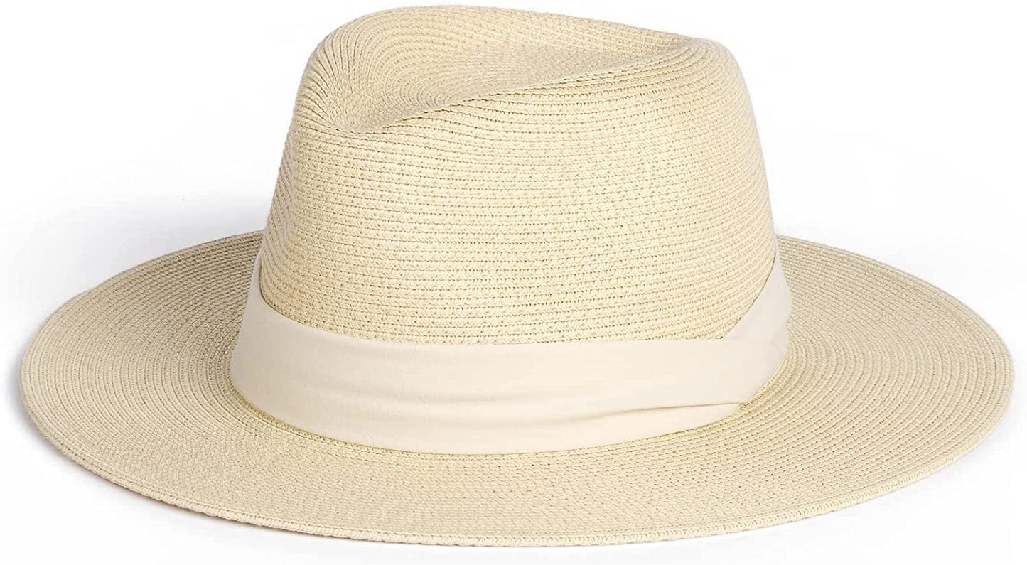 Womens Mens Wide Brim Straw Panama Hat Fedora Summer Beach Sun Hat UPF Straw Hat for Women Apparel & Accessories > Clothing Accessories > Hats KYLIE MAX Beige-white Large