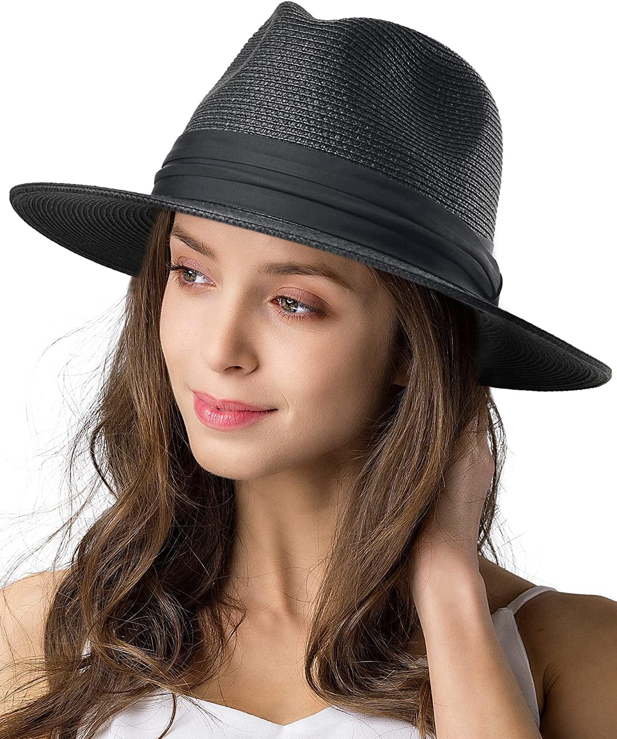 Womens Mens Wide Brim Straw Panama Hat Fedora Summer Beach Sun Hat UPF Straw Hat for Women Apparel & Accessories > Clothing Accessories > Hats KYLIE MAX Ag-black Medium
