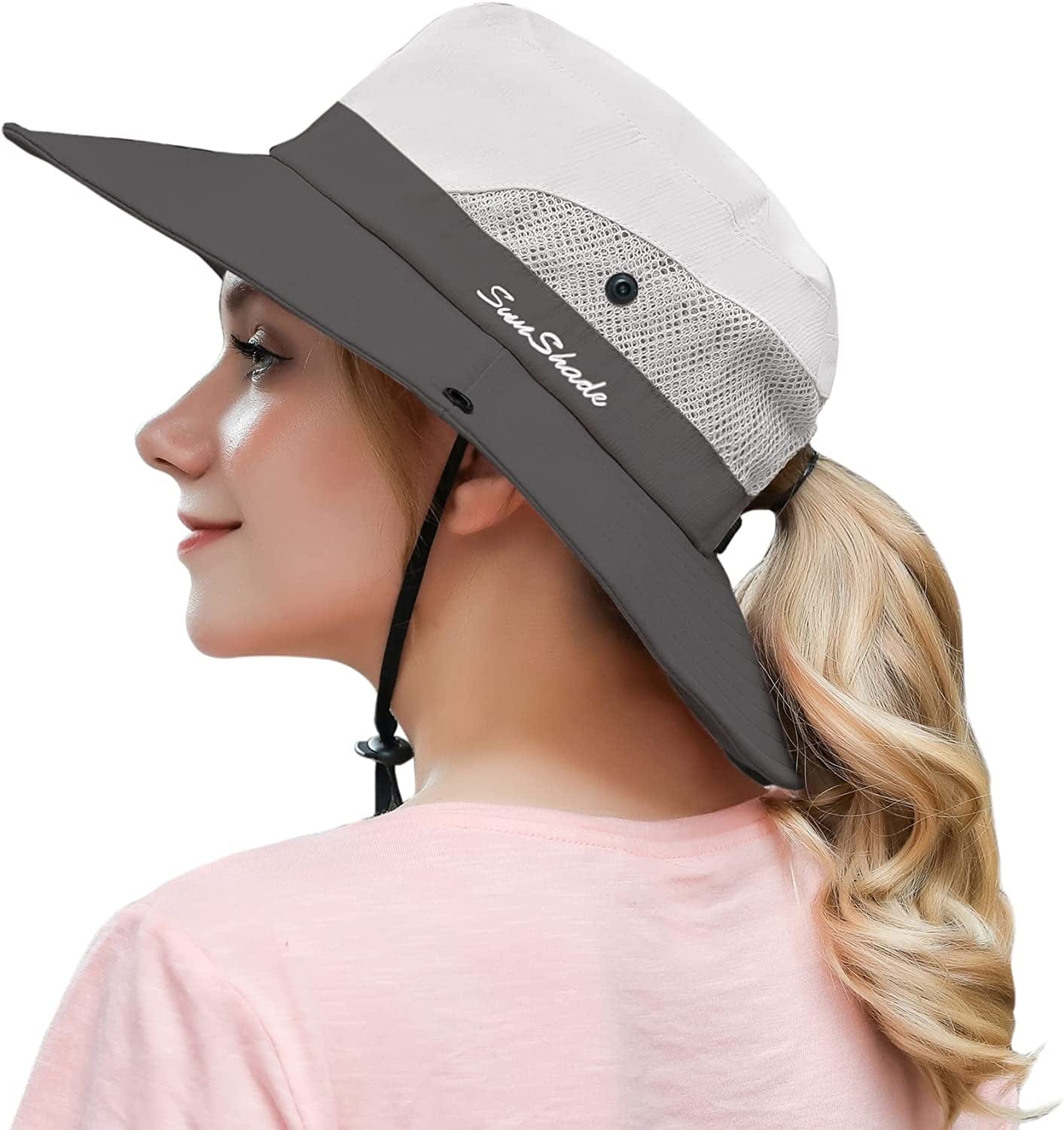 Womens Outdoor Summer Sun Hat UV Protection Wide Brim Foldable Fishing Hats with Ponytail Hole Apparel & Accessories > Clothing Accessories > Hats HICOSKY Beige
