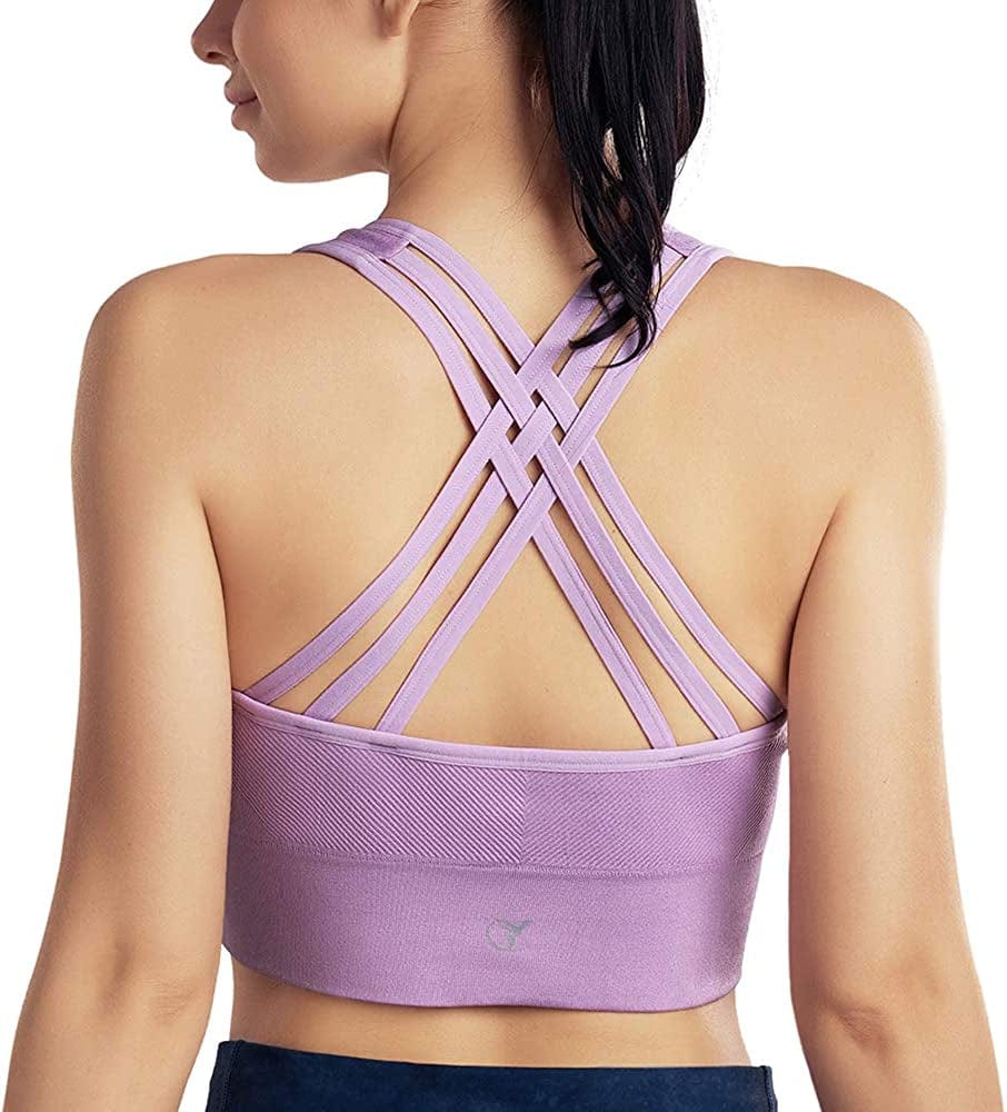 Womens Padded Strappy Sports Bra Medium Support Cross Back Workout Fitness Yoga Bra C-purple / Small