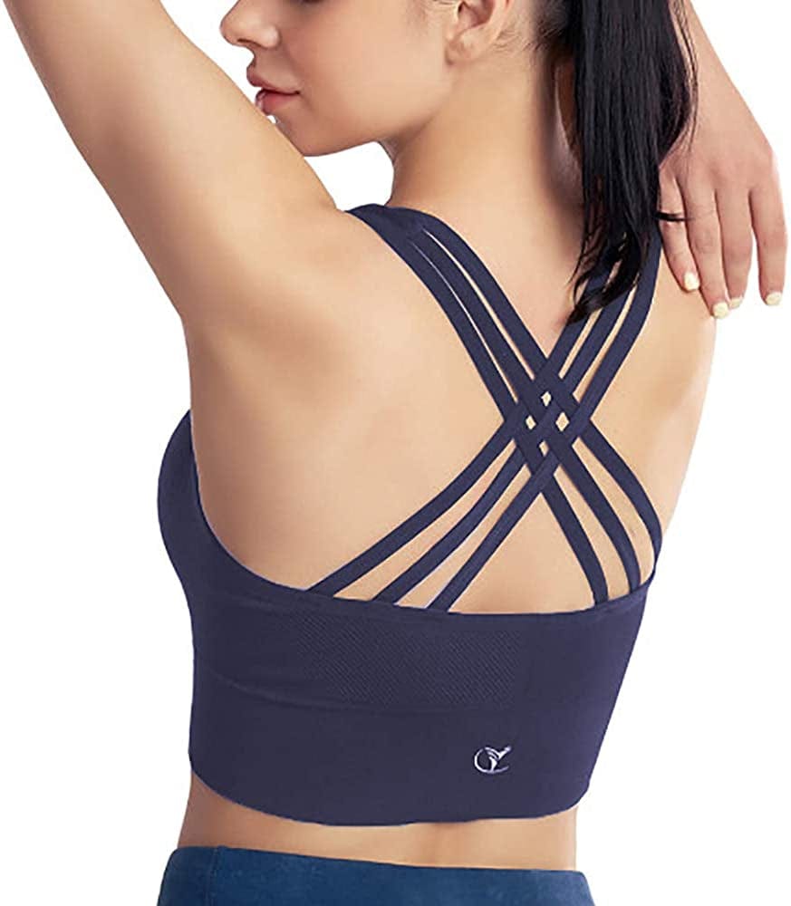 Womens Padded Strappy Sports Bra Medium Support Cross Back Workout Fitness Yoga Bra C-navy Blue / XX-Large