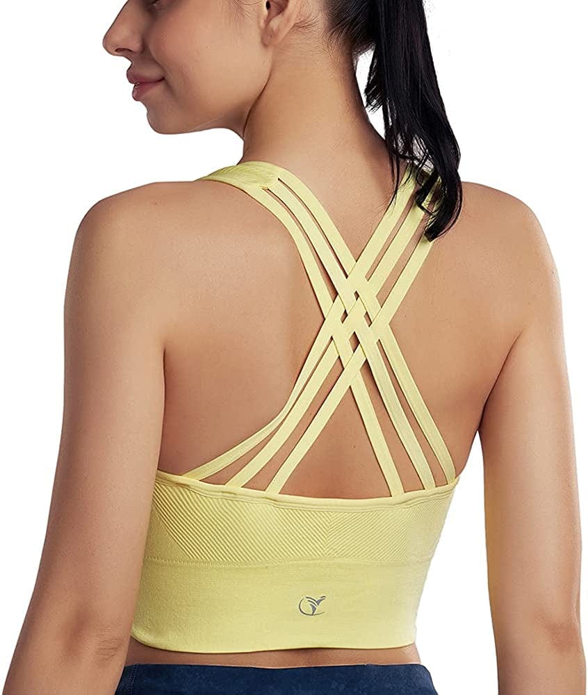 Womens Padded Strappy Sports Bra Medium Support Cross Back Workout Fitness Yoga Bra D-yellow / XX-Large
