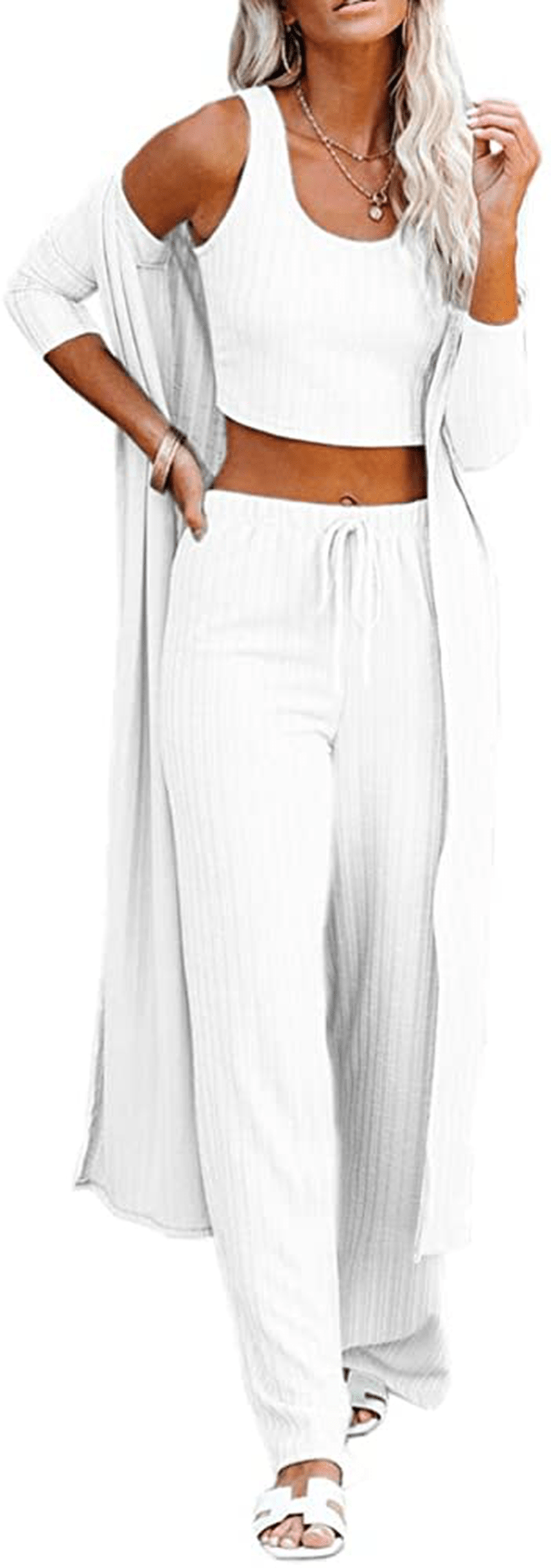Womens Pajamas Set Fall Winter 3 Piece Loungewear Set Crop Vest Top Loose Pants and Cardigan Knitwear Jumpsuit Warm Apparel & Accessories > Clothing > Sleepwear & Loungewear Kylie Max