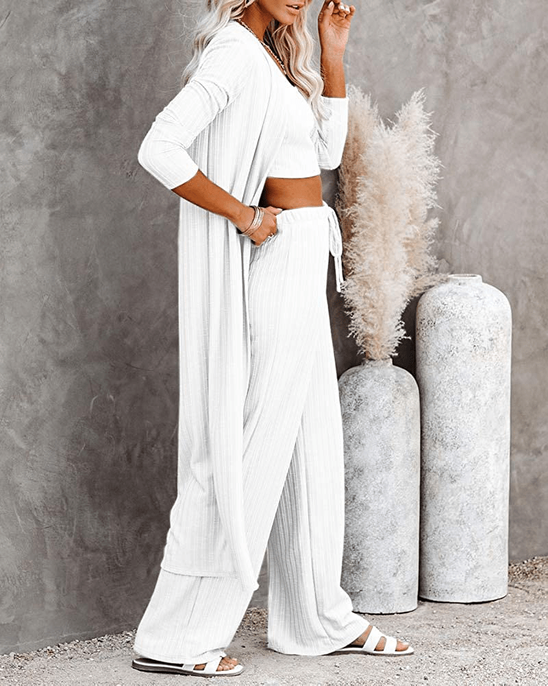 Womens Pajamas Set Fall Winter 3 Piece Loungewear Set Crop Vest Top Loose Pants and Cardigan Knitwear Jumpsuit Warm Apparel & Accessories > Clothing > Sleepwear & Loungewear Kylie Max