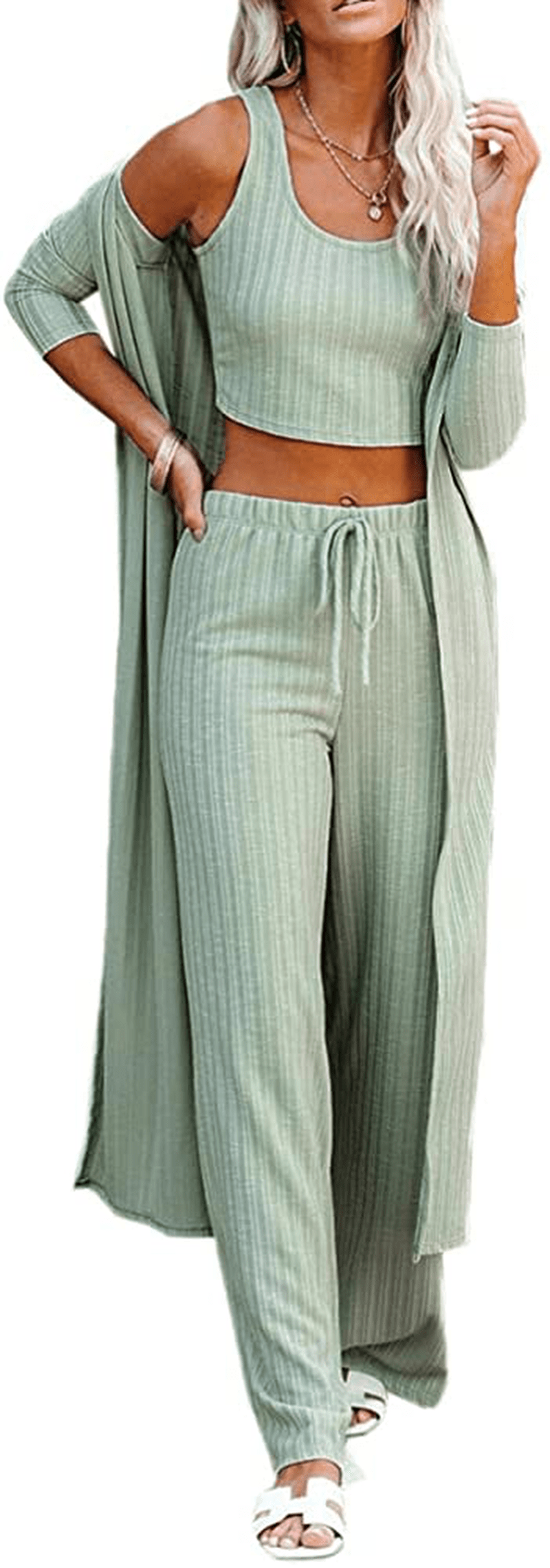 Womens Pajamas Set Fall Winter 3 Piece Loungewear Set Crop Vest Top Loose Pants and Cardigan Knitwear Jumpsuit Warm Apparel & Accessories > Clothing > Sleepwear & Loungewear Kylie Max