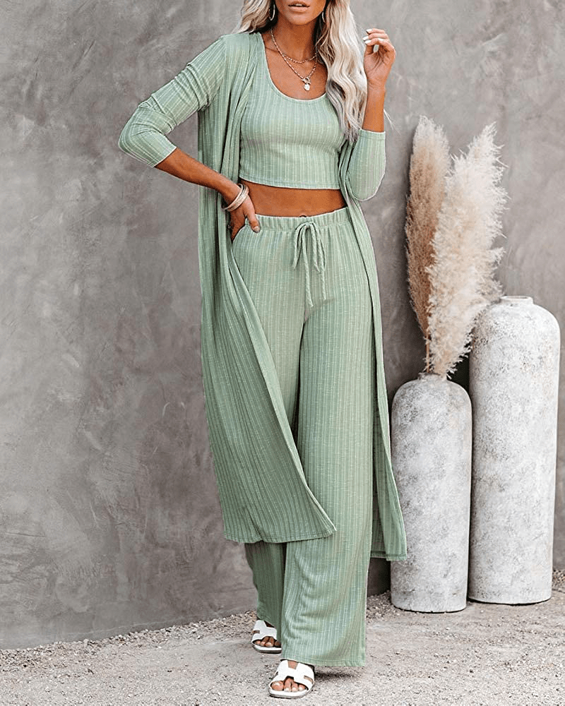 Womens Pajamas Set Fall Winter 3 Piece Loungewear Set Crop Vest Top Loose Pants and Cardigan Knitwear Jumpsuit Warm Apparel & Accessories > Clothing > Sleepwear & Loungewear Kylie Max