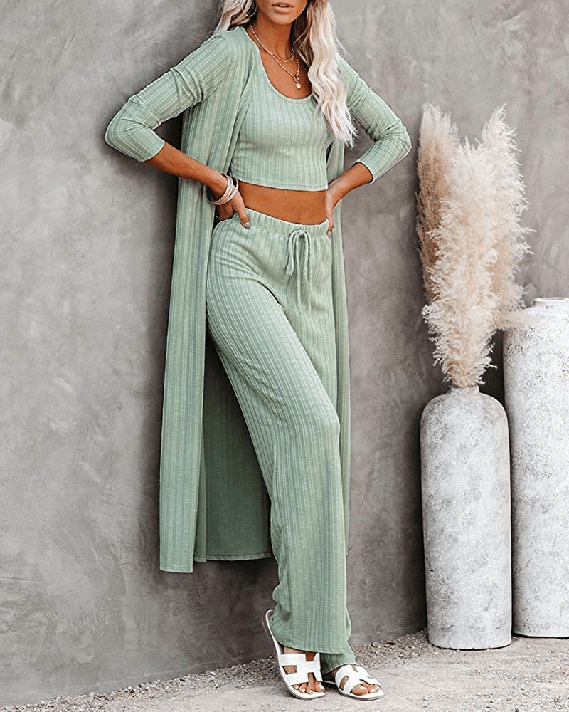 Womens Pajamas Set Fall Winter 3 Piece Loungewear Set Crop Vest Top Loose Pants and Cardigan Knitwear Jumpsuit Warm Apparel & Accessories > Clothing > Sleepwear & Loungewear Kylie Max