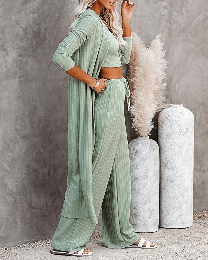 Womens Pajamas Set Fall Winter 3 Piece Loungewear Set Crop Vest Top Loose Pants and Cardigan Knitwear Jumpsuit Warm Apparel & Accessories > Clothing > Sleepwear & Loungewear Kylie Max