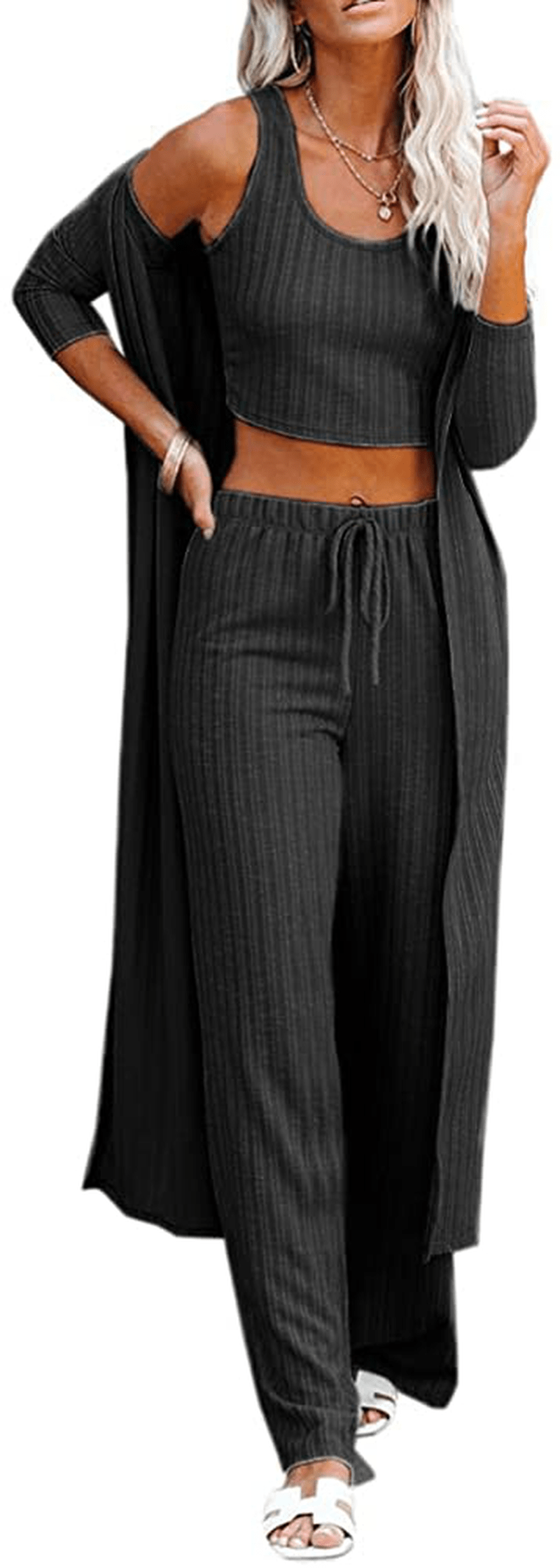 Womens Pajamas Set Fall Winter 3 Piece Loungewear Set Crop Vest Top Loose Pants and Cardigan Knitwear Jumpsuit Warm Apparel & Accessories > Clothing > Sleepwear & Loungewear Kylie Max