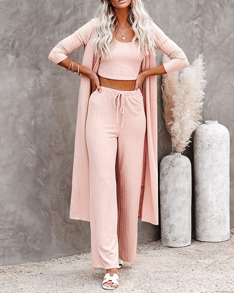 Womens Pajamas Set Fall Winter 3 Piece Loungewear Set Crop Vest Top Loose Pants and Cardigan Knitwear Jumpsuit Warm Apparel & Accessories > Clothing > Sleepwear & Loungewear Kylie Max