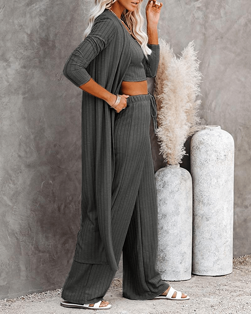 Womens Pajamas Set Fall Winter 3 Piece Loungewear Set Crop Vest Top Loose Pants and Cardigan Knitwear Jumpsuit Warm Apparel & Accessories > Clothing > Sleepwear & Loungewear Kylie Max