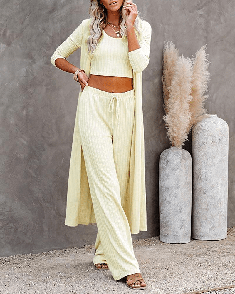 Womens Pajamas Set Fall Winter 3 Piece Loungewear Set Crop Vest Top Loose Pants and Cardigan Knitwear Jumpsuit Warm Apparel & Accessories > Clothing > Sleepwear & Loungewear Kylie Max
