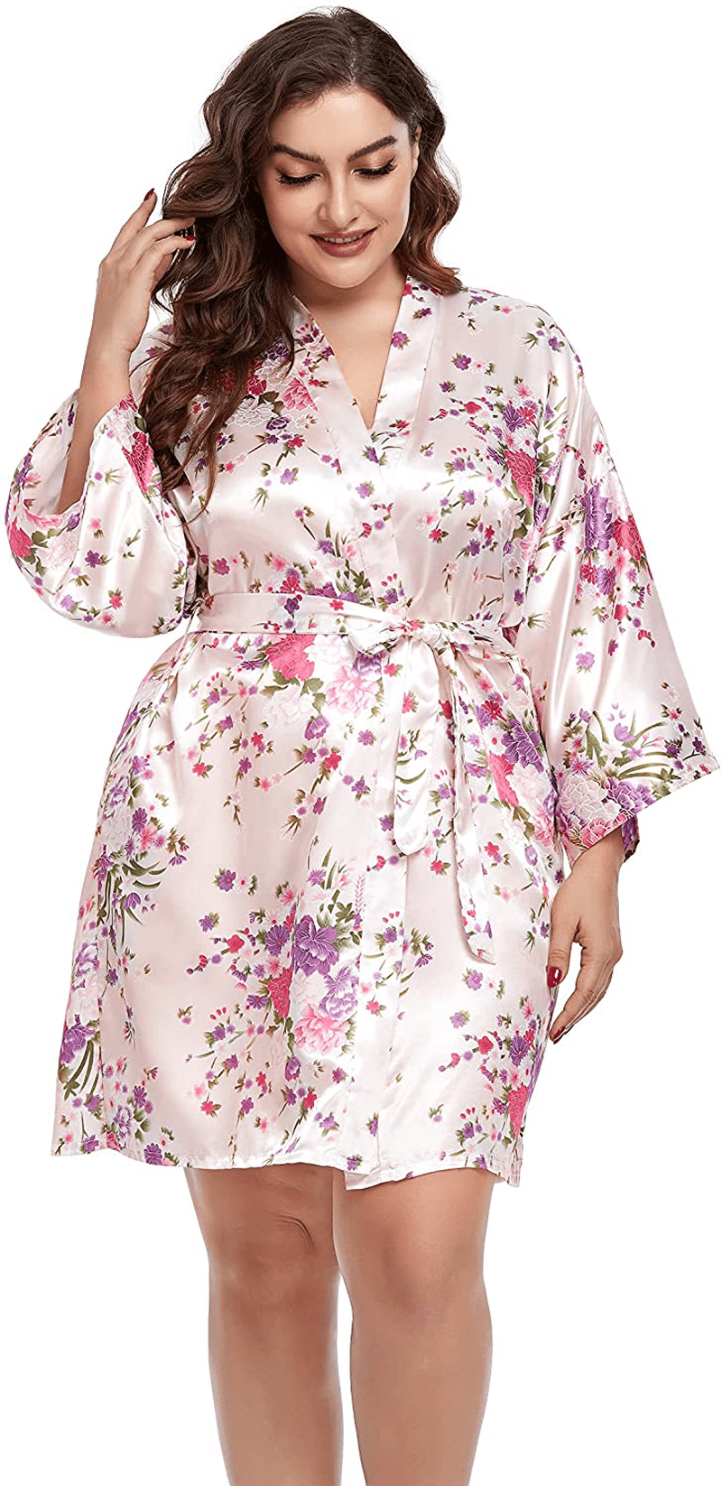 Womens plus Size Floral Robes Satin Kimono Lightweight Bathrobes Short Sleepwear Night Gown Cover Up Apparel & Accessories > Clothing > Sleepwear & Loungewear > Robes Teemie