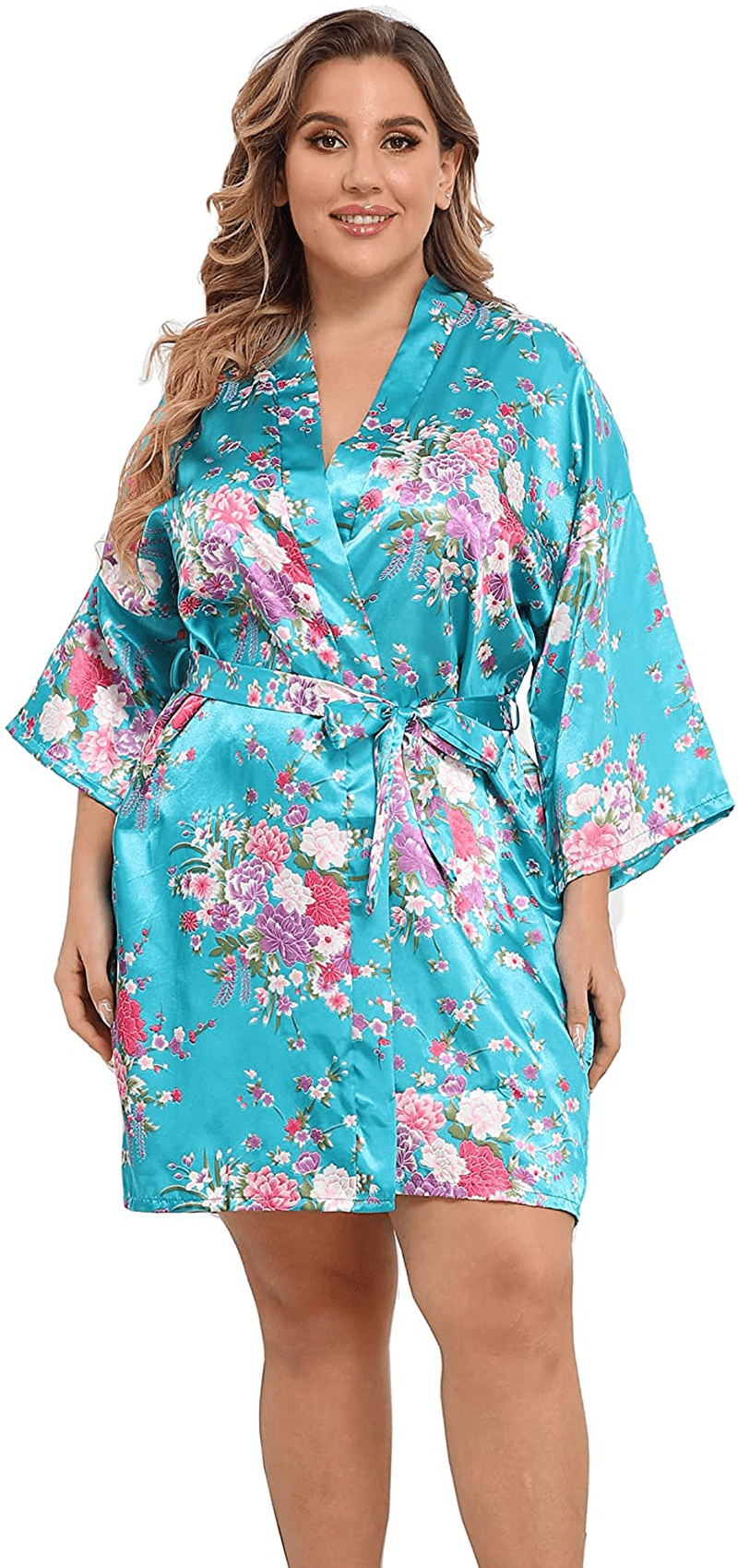 Womens plus Size Floral Robes Satin Kimono Lightweight Bathrobes Short Sleepwear Night Gown Cover Up Apparel & Accessories > Clothing > Sleepwear & Loungewear > Robes Teemie Lake Blue 3X-4X