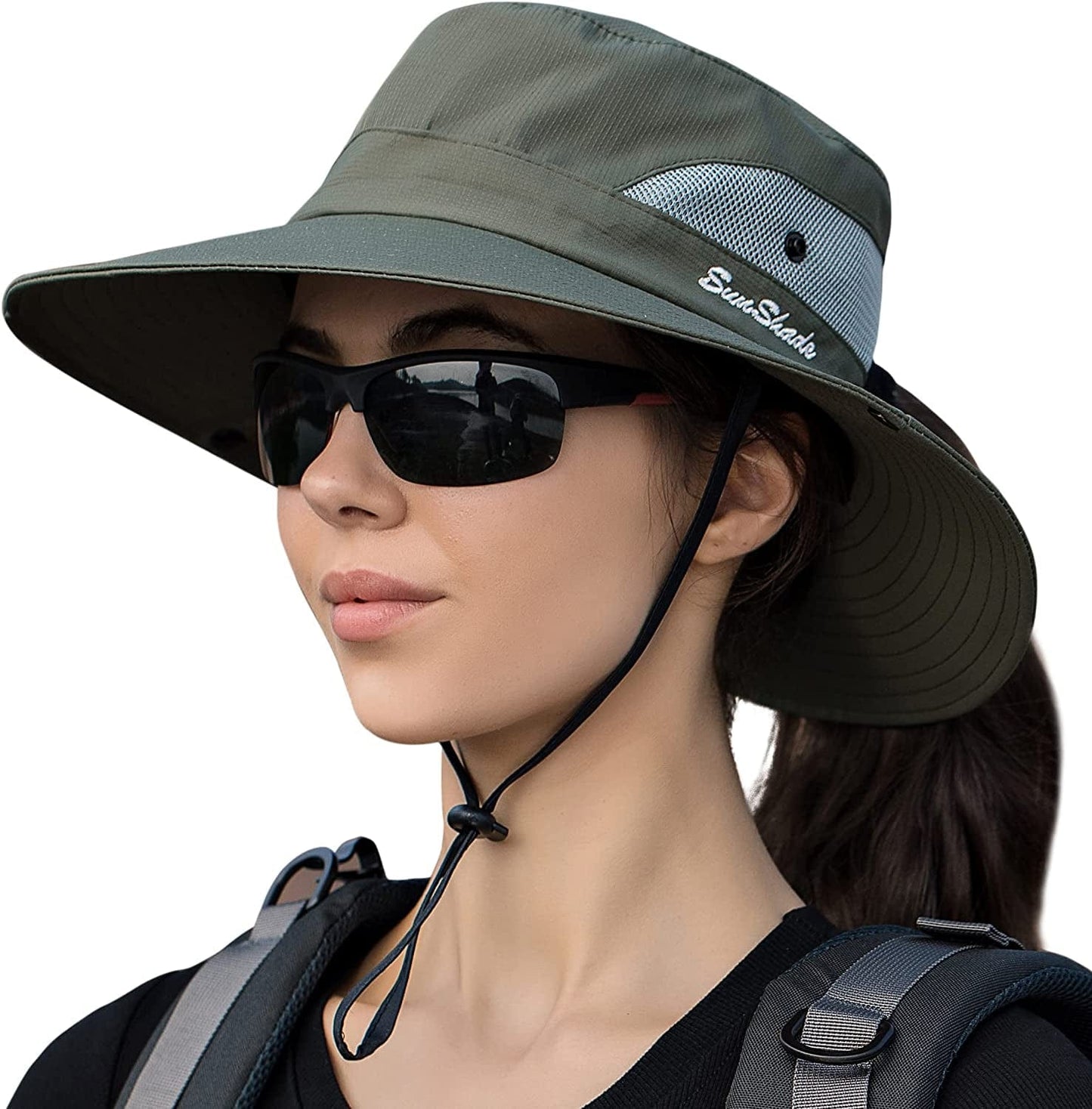 Womens Ponytail Sun Hat UV Protection Mesh Foldable Wide Brim Beach Fishing Hat Apparel & Accessories > Clothing Accessories > Hats HGGE Army Green