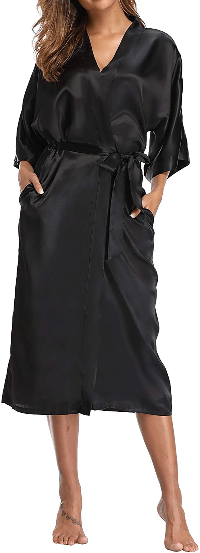 Womens Pure Color Long Satin Bathrobe Kimono Nightgown Long Dress Gown Apparel & Accessories > Clothing > Sleepwear & Loungewear > Robes sunshinemall