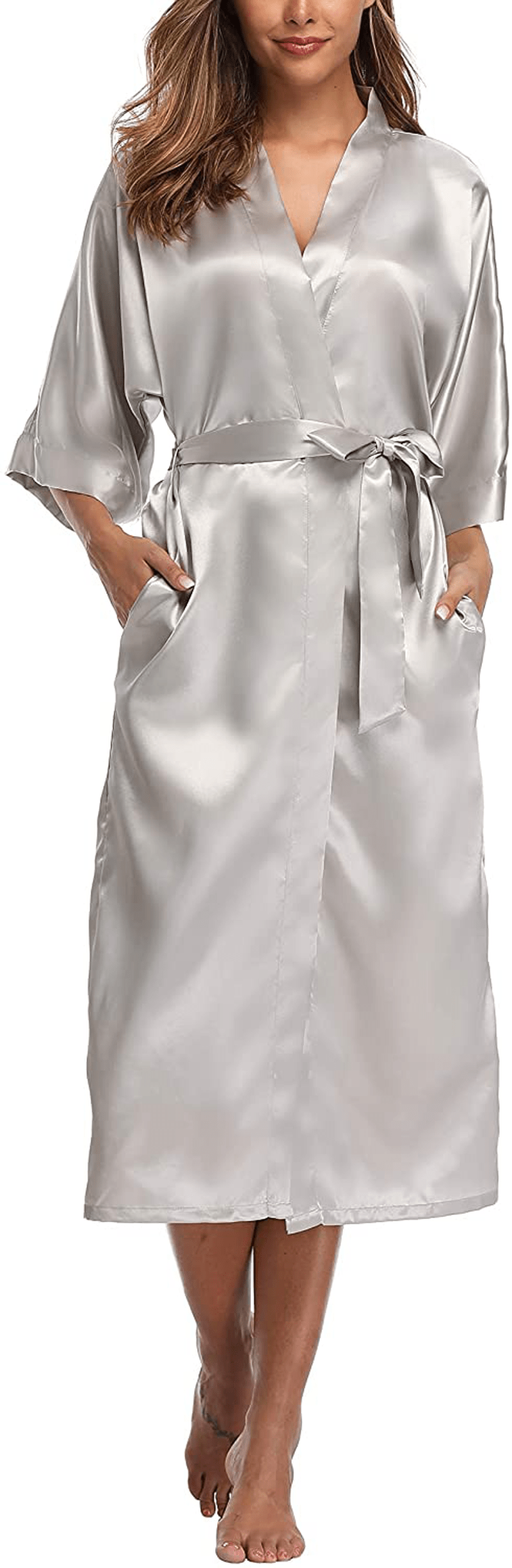 Womens Pure Color Long Satin Bathrobe Kimono Nightgown Long Dress Gown Apparel & Accessories > Clothing > Sleepwear & Loungewear > Robes sunshinemall Silver Small