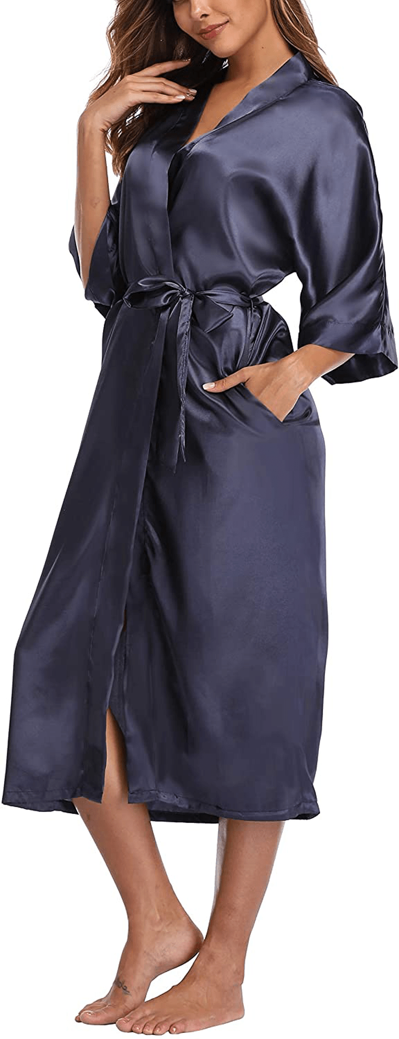 Womens Pure Color Long Satin Bathrobe Kimono Nightgown Long Dress Gown Apparel & Accessories > Clothing > Sleepwear & Loungewear > Robes sunshinemall