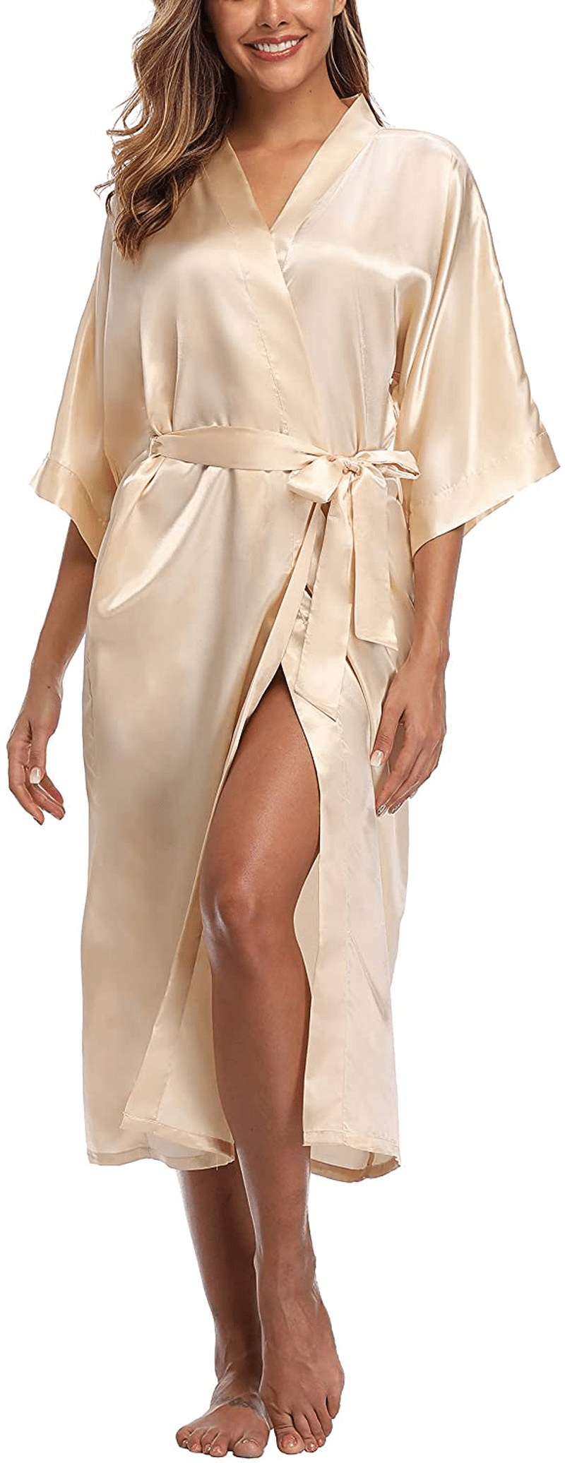 Womens Pure Color Long Satin Bathrobe Kimono Nightgown Long Dress Gown Apparel & Accessories > Clothing > Sleepwear & Loungewear > Robes sunshinemall Champagne Large