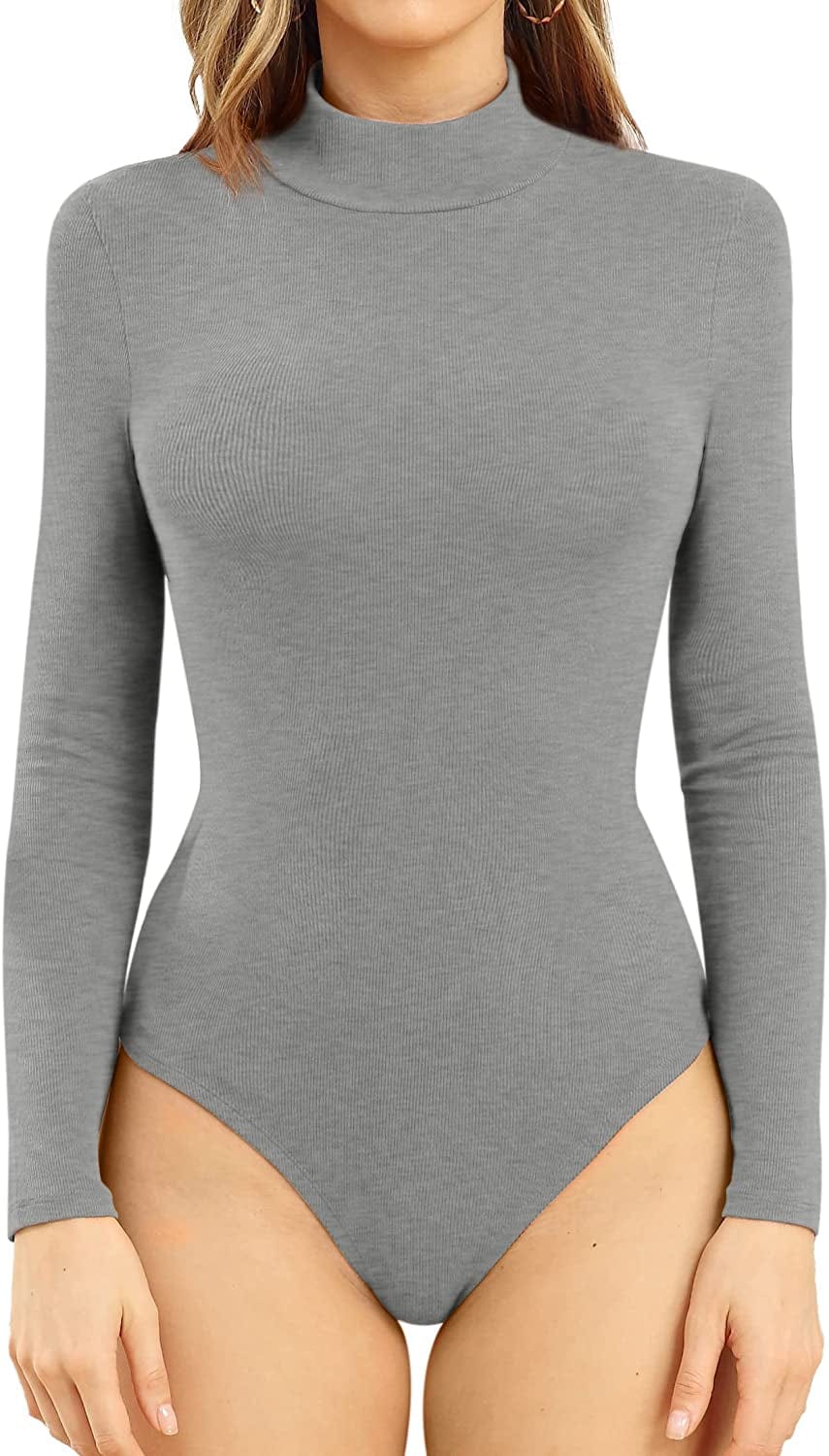 Womens Ribbed Sleeveless Long Sleeve Mock Turtle Neck Sexy Daily Stretchy Slim Fit Tops Bodysuit 02 Gray / X-Large