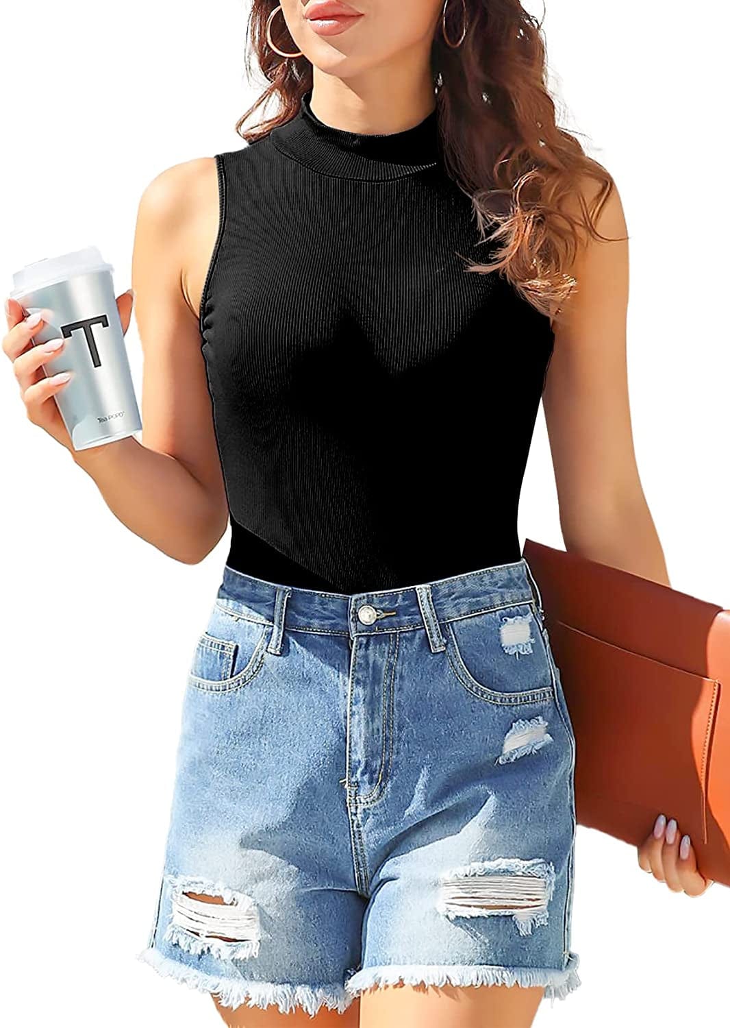 Womens Ribbed Sleeveless Long Sleeve Mock Turtle Neck Sexy Daily Stretchy Slim Fit Tops Bodysuit 01 Black / X-Large